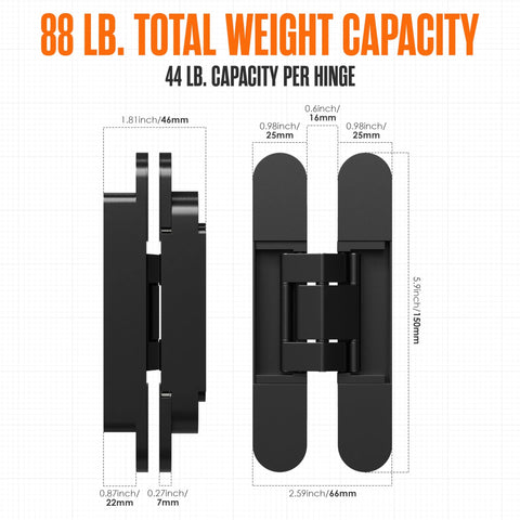 Side and front view of Concealed Door Hinge Set For Cabinets Bookshelves And Hidden Doors 6 Inch 180 Degree Heavy Duty Adjustable.