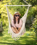Handwoven Cotton Rope Hammock Chair With Metal Spreader Bar For Indoor And Outdoor Relaxation Boho Swing Chair