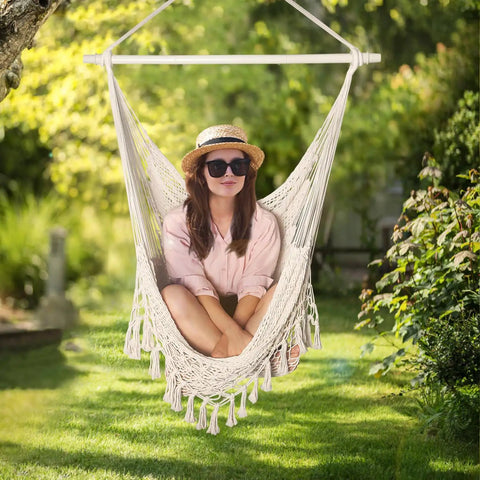Handwoven Cotton Rope Hammock Chair With Metal Spreader Bar For Indoor And Outdoor Relaxation Boho Swing Chair