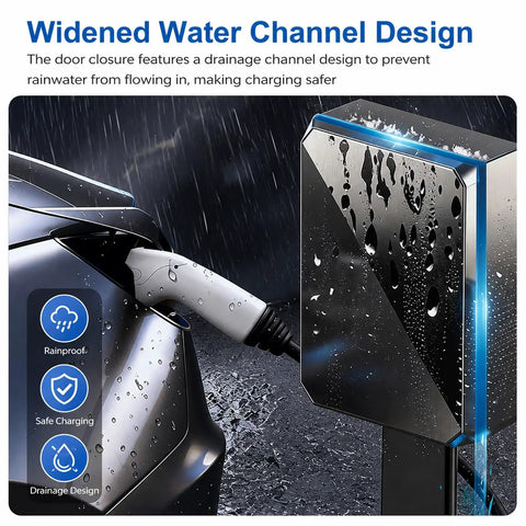 Foolproof Outdoor EV Charger Enclosure With Lock Tough Durable Steel Shell For Electric Vehicle Charging Stations Universal Snug Fit Hella Weather Proof Shield Box, showcasing drainage channel for rainproof design.