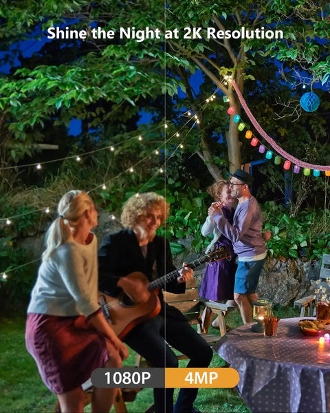 Side-by-side night scene with 1080P and 4MP quality comparison under string lights in a garden showcasing Outdoor Security Camera with Floodlight and Two Way Talk, 4MP QHD Pan Tilt 2.4G WiFi, IP66 Weatherproof Bullet Camera, 2.5K Full Color Night Vision, 360 Degree Coverage, Smart Human Motion Tracking and Audible Alarm.