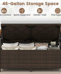 Wicker Outdoor Storage Bench With Hidden 46 Gallon Gas Strut Lift Up Storage, Rattan Deck Box With Protective Liner showing contents