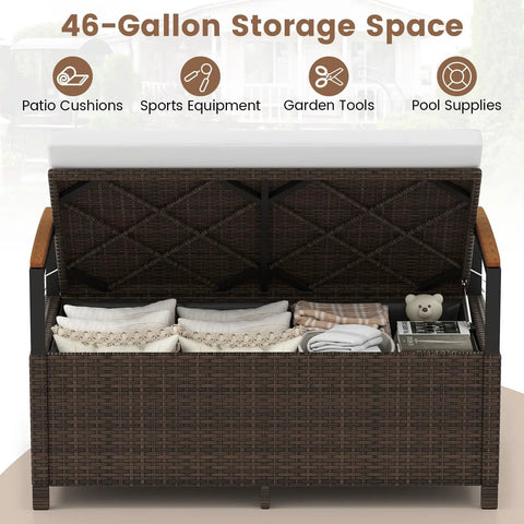 Wicker Outdoor Storage Bench With Hidden 46 Gallon Gas Strut Lift Up Storage, Rattan Deck Box With Protective Liner showing contents