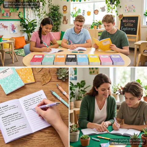 Students use 24 Pack Mini Journal Notebooks With Ballpoint Pen, Themed Composition Notebooks for Back To School and Office Supplies.