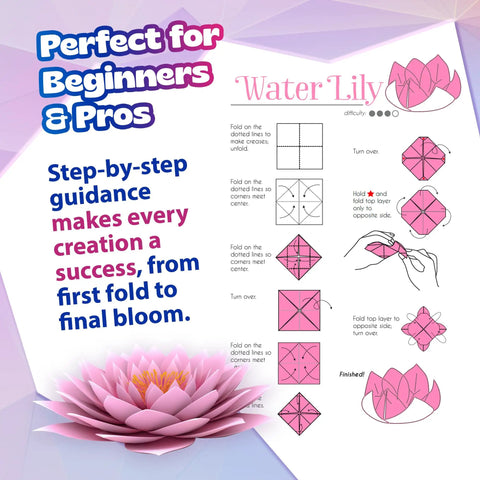 Origami Paper Craft Kit For Kids Ages 6 To 12 With 100 Colored Sheets, 20 Bendable Stems, 30 Buttons And Jewels, Easy Origami Book Water Lily Instructions
