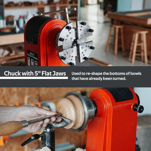 Heavy Duty Wood Lathe Chuck With Self Centering Scroll Jaw System showing 5" flat jaws re-shaping bowl bottoms during woodturning.