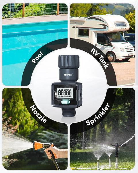 Ultra Accurate Water Flow Meter For RV Garden Hose Pool Lawn Sprinkler And Nozzle Sprayer, Measures Water Consumption And Flow Rate Up To 9999.9 Gallons Or Liters, With About Five Percent Accuracy And Easy Mode Options. Compact black digital water meter for pool, RV and sprinkler hose use.