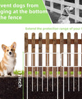 Illustration of 10 Pack Animal Barrier Fence No Dig Fence Decorative Fences 17 Inch High By 10 Foot Long Rustproof Metal Garden Border For Dogs And Rabbits Bottom Blocker For Outdoor Yard Patio White installed on wood fence preventing dogs from digging under.