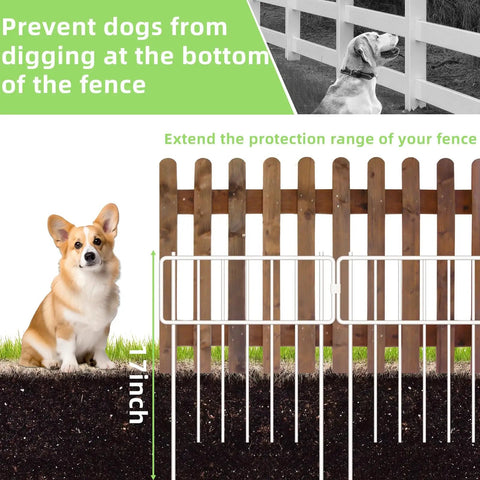 Illustration of 10 Pack Animal Barrier Fence No Dig Fence Decorative Fences 17 Inch High By 10 Foot Long Rustproof Metal Garden Border For Dogs And Rabbits Bottom Blocker For Outdoor Yard Patio White installed on wood fence preventing dogs from digging under.