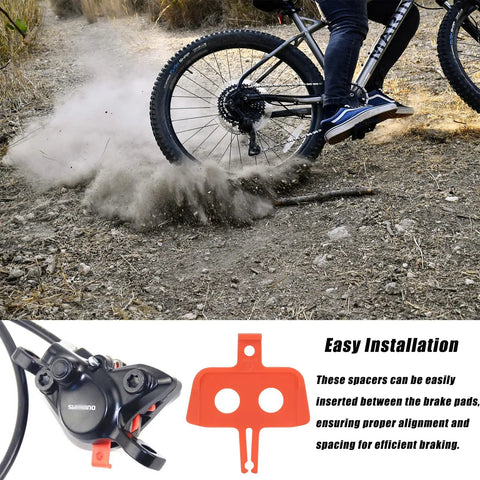 Biker on trail with 8 Piece Bike Disc Brake Pad Spacer Set for Hydraulic Systems, Shimano compatible, and close-up.
