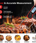 Hand using Meat Thermometer Digital For Grilling And Cooking With Waterproof Design to measure steak temperature on a grill.