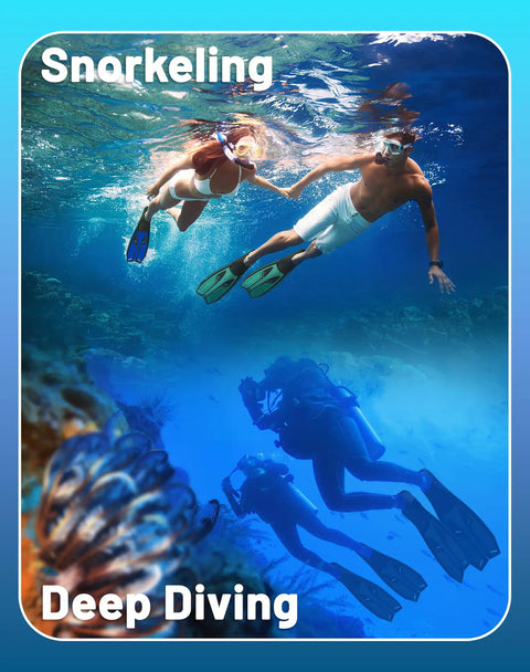 Snorkeling and deep diving with Pro-Grade Full-Foot Snorkel Fins With Soft Flexible Foot Pocket For All Day Comfort, ocean adventure gear