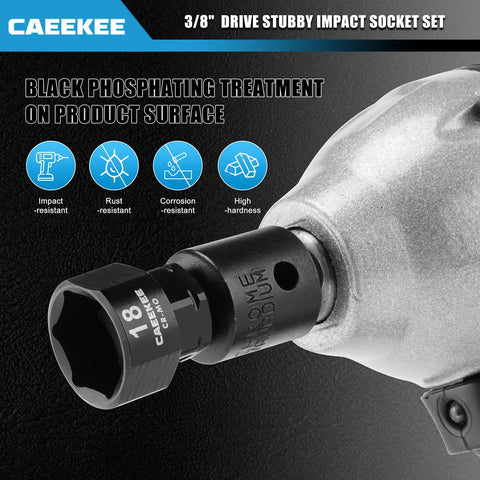 Close-up of Low Profile Nano Impact Socket Set For 3/8 Inch Drive Metric Tools 6mm Through 19mm Cr-Mo Steel with black phosphate finish