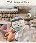 Next Level Custom Cotton Tags Straight Up Premium Fabric Sewing Labels For Quilting Knitting Handmade Clothing Branding Markers Machine Washable Care Instructions 40X50Mm, displayed on various handmade textiles.