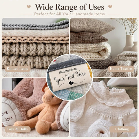 Next Level Custom Cotton Tags Straight Up Premium Fabric Sewing Labels For Quilting Knitting Handmade Clothing Branding Markers Machine Washable Care Instructions 40X50Mm, displayed on various handmade textiles.