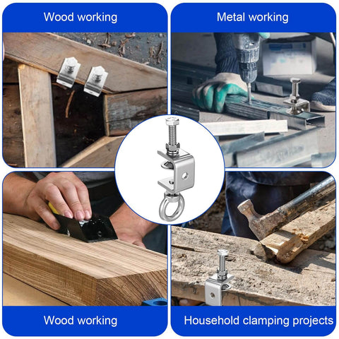 Four scenes using Six Pack Stainless Steel C Clamps With 4.72 Inch Beam Depth And M8 Screw Ring for woodworking and metalworking.