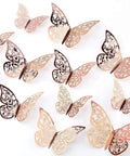 Rose Gold 3D Butterfly Wall Decals Set in mixed sizes 12cm 10cm and 8cm with adhesive dots, easy peel and stick