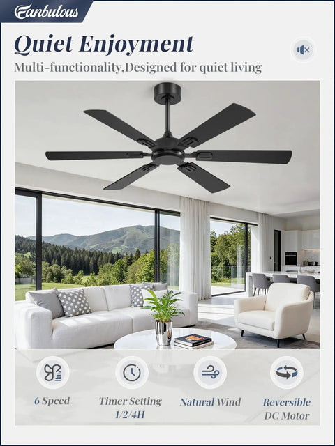 Modern living room with Beefy 52 Inch Ceiling Fan No Light With Remote over seating area, showcasing dual finish six blades.