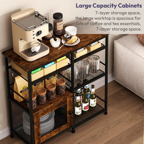Farmhouse Style Coffee Bar Cabinet Station with doors and rustic kitchen storage for small coffee stand setup
