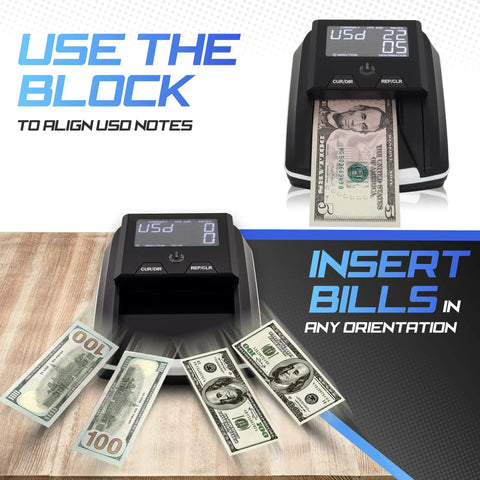 Portable Counterfeit Money Detector With UV IR MG Scan Auto 4 Way Bill Check And Value Counting For USD And EUR, showing bill insertion.