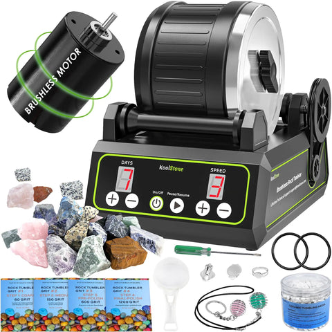 Brushless Rock Tumbler Kit With Massive 2.5Lb Capacity, Ultra Durable Rotary Polisher, Full Accessories And Memory Function on display