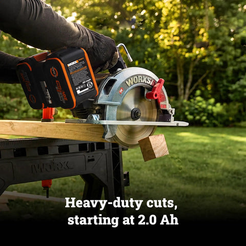 Heavy Duty Cordless Circular Saw Brings Knockout Forty Volt Power Backed By An Exact Seven One Fourth Inch Blade cutting lumber.