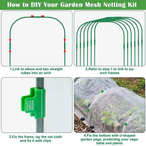 67 Piece Garden Netting Kit 10x25 Ft Ultra Fine Pest Barrier Netting With 6 Hoops And 12 Clips DIY setup instructions