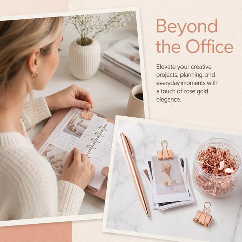 Rose Gold Binder Clips Set In Assorted Sizes Mini Small Medium Large 100 Pcs In Clear Box on desk with planner and pen