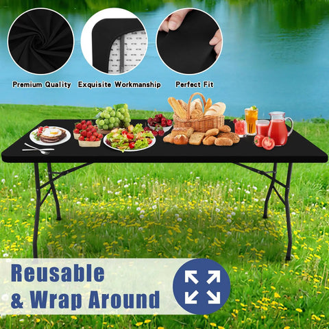 Elastic Fitted 6 Foot Rectangle Tablecloth 2 Pack No Slip Wraparound Edges For Outdoor Parties And Picnics Stretch Washable Polyester Spandex Cover In Black 30x72 Inches displayed on table outdoors with food