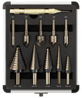 Titanium High Speed Steel Step Drill Bit Set With Five Step Bits And Five Countersink Bits In Aluminum Case Replacing Fifty Traditional Bits For Metalworking From Three Sixteenths To One And Three Eighths Inches Includes Center Punch For DIY Projects in open case