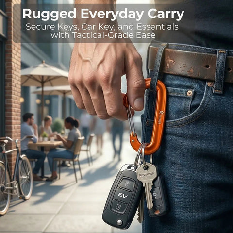 Person holding keys with Built Tough Ultra Strong 12kN Carabiner Clips 3.2 Inch Aluminum Carbineers for Hiking Camping Hammocks