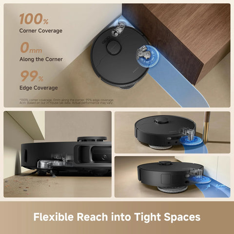 Dreame L40 Ultra Gen 2 robot vacuum with mop in black, shown with self-emptying dock and extendable side brush.