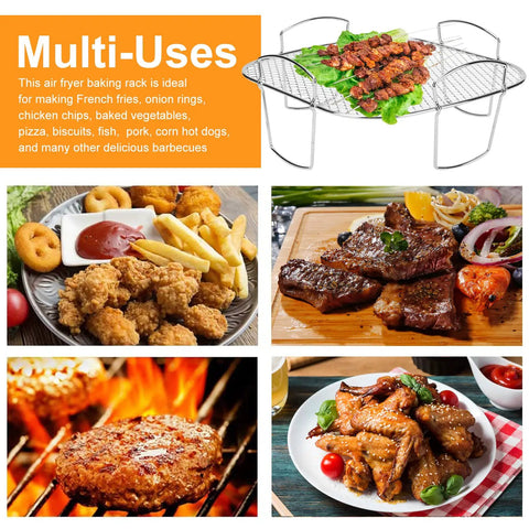 Premium Steel Air Fryer Basket Set With Nonstick Mesh for 360 Degree Heat Circulation for Roasting and Grilling, Multi-Use Display