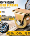 Heavy Duty 4 Inch V Groove Caster Wheel Set For Square Metal Tracks Packing Serious 1765 Lb Capacity Per Wheel Rust Proof Galvanized Steel Pulleys close-up view of smooth rolling double ball bearing wheel.