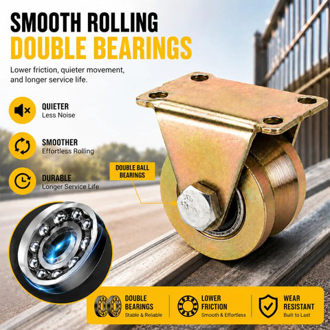 Heavy Duty 4 Inch V Groove Caster Wheel Set For Square Metal Tracks Packing Serious 1765 Lb Capacity Per Wheel Rust Proof Galvanized Steel Pulleys close-up view of smooth rolling double ball bearing wheel.