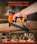 Pro Grade Pneumatic Staple Gun For Woodworking And Upholstering Projects Featuring Slick Firing 22 Gauge Design in use for furniture assembly.