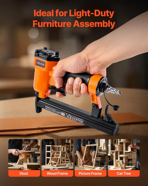 Pro Grade Pneumatic Staple Gun For Woodworking And Upholstering Projects Featuring Slick Firing 22 Gauge Design in use for furniture assembly.