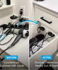 Retractable In Drawer Power Outlet With Four AC Outlets Brushed Stainless Steel set up in kitchen drawer, clearing counter clutter.