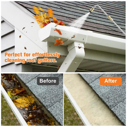 Eight Foot Pressure Washer Extension Wand For Gutter Cleaning With Six Nozzle Tips And Three Gutter Attachments One Quarter Inch Quick Connect 4000 PSI Heavy Duty Brass And Stainless Steel Build Clean From The Ground spraying gutter