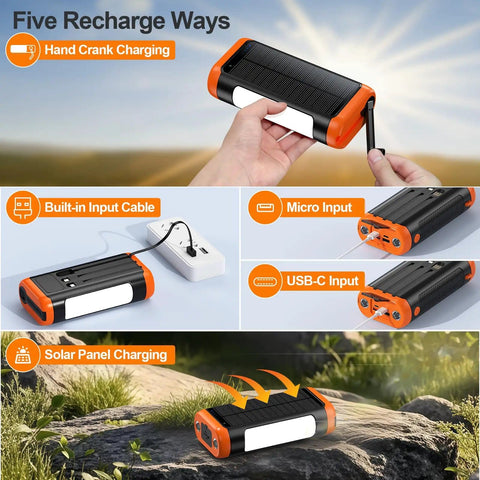 66800mAh Solar Power Bank Portable Charger With Hand Crank And 22.5W Fast Charge showing five recharge methods.