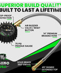 Rhino USA tire pressure gauge with 75 PSI glow dial, brass fittings, and 14-inch braided hose front view
