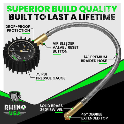 Rhino USA tire pressure gauge with 75 PSI glow dial, brass fittings, and 14-inch braided hose front view