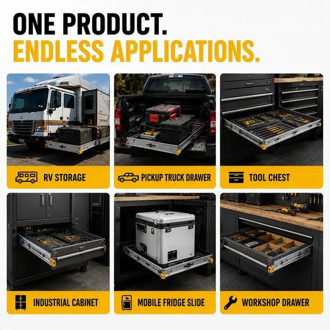 Beefy 500 Lbs Drawer Slides With 3 Fold Full Extension Rugged Steel Cabinet Rails For Heavy Gear Smooth Glide Secure Locking Non Removable Lock Industrial Grade Performance in RV, truck and workshop drawers