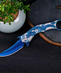 Folding Pocket Knife For Men With 3D Dragon Embossed Handle Beefy 440 Stainless Steel Blade Titanium Plated Finish Outdoor