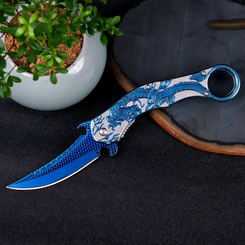 Folding Pocket Knife For Men With 3D Dragon Embossed Handle Beefy 440 Stainless Steel Blade Titanium Plated Finish Outdoor