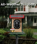 Solar Powered Bird Feeder With Camera And 2K HD Video For Real Time Bird Watching, AI Species Identification, Instant Arrival Alerts, Weatherproof Outdoor Design, Easy Setup For Effortless Bird Watching, Dope Gift For Bird Lovers, Red, installed on pole in rainy backyard