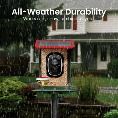 Solar Powered Bird Feeder With Camera And 2K HD Video For Real Time Bird Watching, AI Species Identification, Instant Arrival Alerts, Weatherproof Outdoor Design, Easy Setup For Effortless Bird Watching, Dope Gift For Bird Lovers, Red, installed on pole in rainy backyard