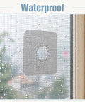 Heavy Duty Self Adhesive Mesh Window Screen Patches Quick Fix Kit waterproof patch on window screen with rain droplets.