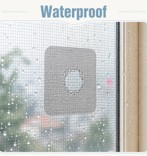 Heavy Duty Self Adhesive Mesh Window Screen Patches Quick Fix Kit waterproof patch on window screen with rain droplets.