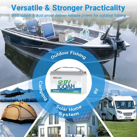 Bad Boy 12V 100Ah Lithium Iron Phosphate Battery Featuring Auto Heating Thermal BMS And Integrated 20A Smart Charger for outdoor fishing on a boat.